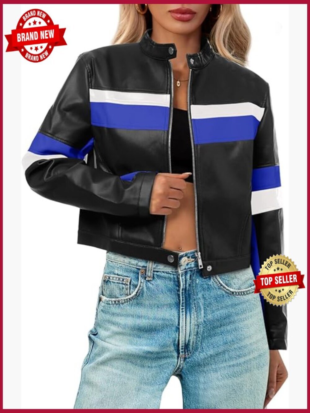Cropped Faux Leather Moto Biker Jacket Vintage Racing Bomber